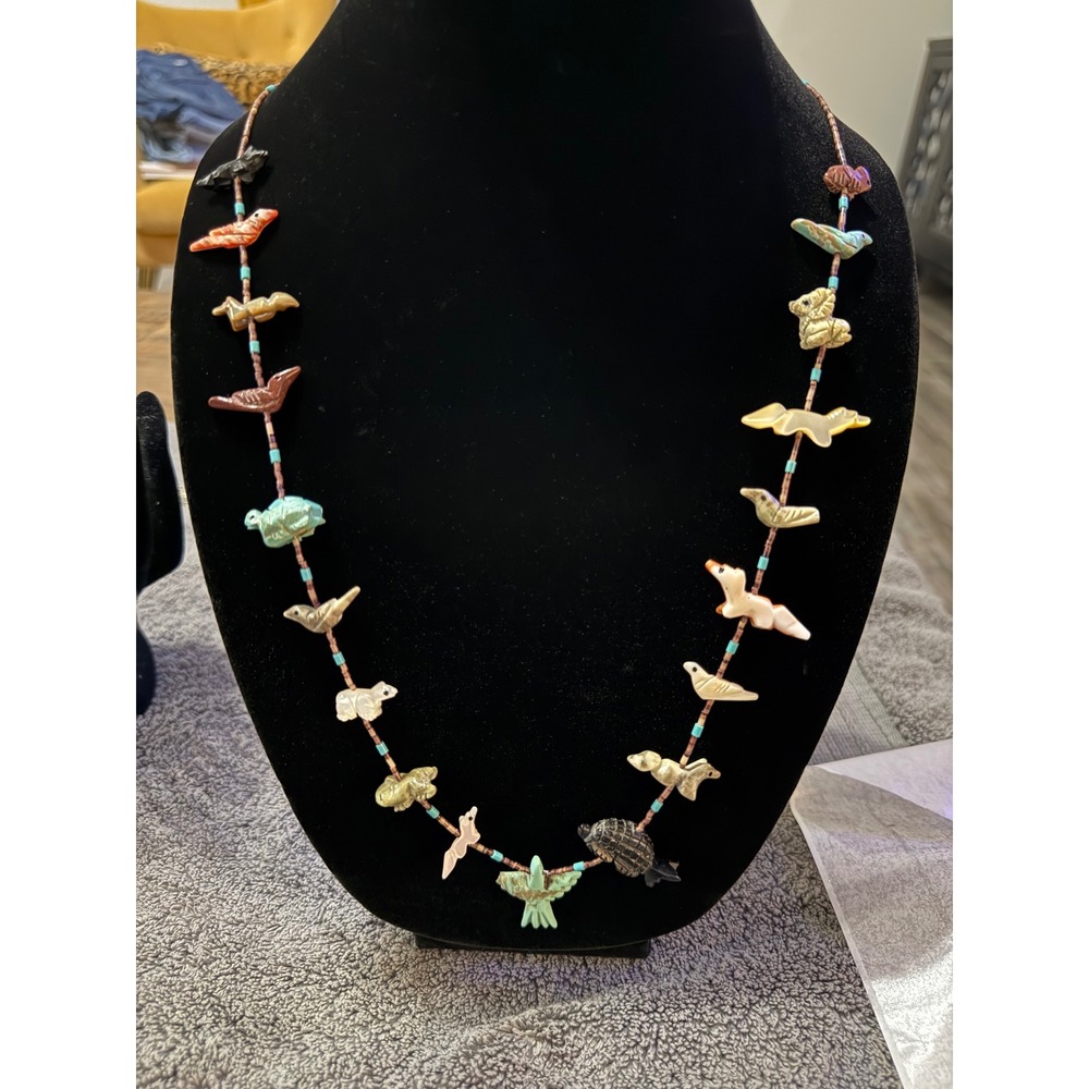 Navajo Zuni Sterling Silver Fetish Necklace Hand Carved Stone Shell Animals - Picture 6 of 6